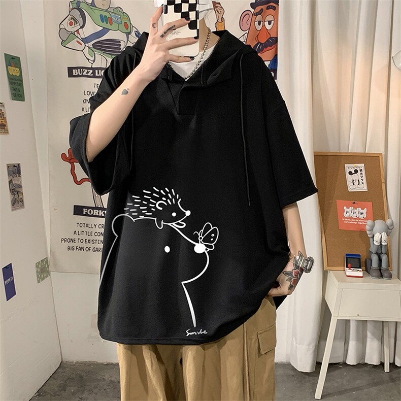 LD54166-P45连帽短袖t恤男大码胖子带帽五分袖中袖海报风,男装T恤,电商A040