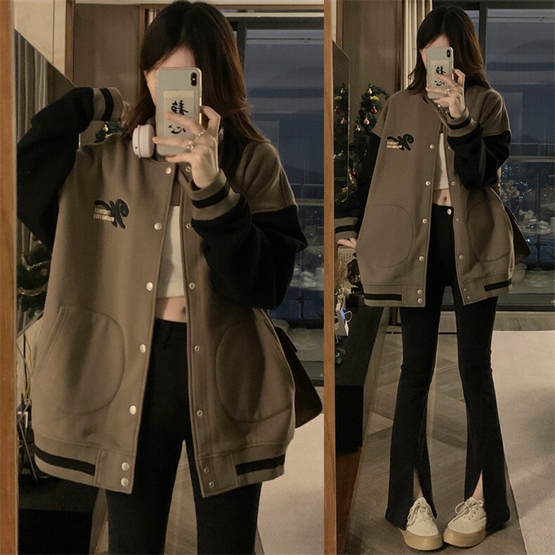 C848-P100街头棒球服秋季新款夹克拼接上衣卫衣外套女学生情侣装图片
