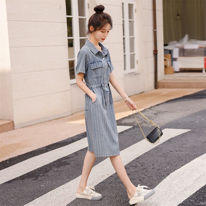 时尚显瘦牛仔连衣裙女夏季新款韩版宽松短袖学生裙子,女装连衣裙,秋水欣儿
