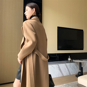 2025秋冬新款西装领系带纯羊毛长款毛呢外套女赫本风双面羊绒大衣图片