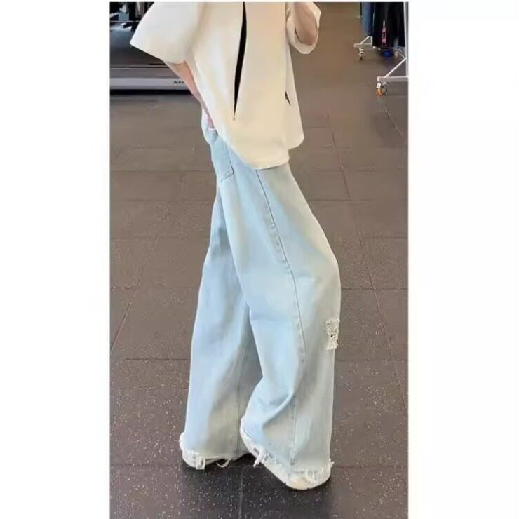 蓝色毛边破洞牛仔裤男夏季美式潮牌高腰提档长裤子直筒阔腿微喇裤,男装牛仔裤,星座208-5