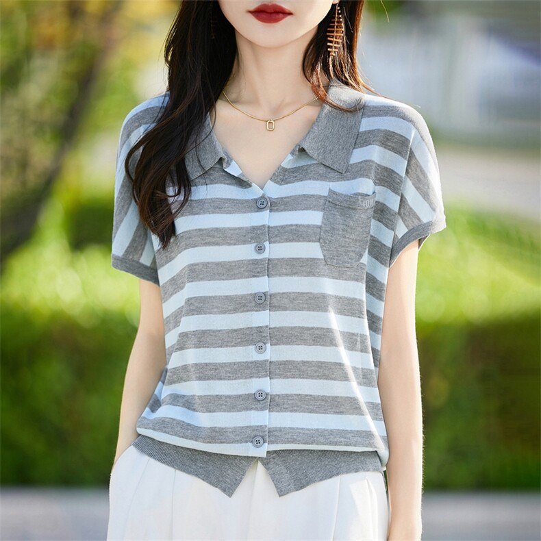 POLO领短袖T女开衫条纹撞色天丝亚麻针织衫宽松新款时尚飞袖上衣,针织衫/毛衣,暖烁羊绒