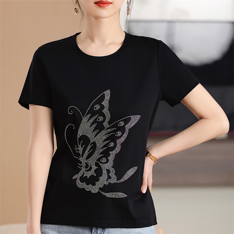 80支丝光棉短袖t恤女烫钻印花2024夏季新款100纯棉上衣体恤女显瘦，女装T恤，元素羊绒