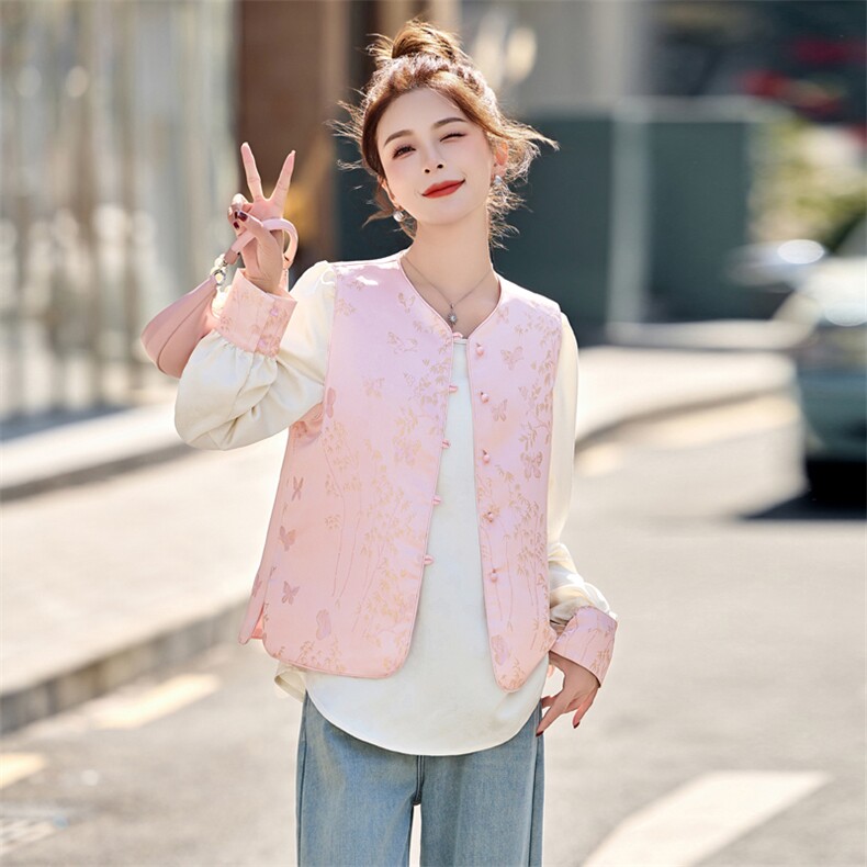 2025春季新款新中式国风刺绣缎面马甲高级感袖口拼接衬衫两件套女,女装套装/套裙,辉煌依升