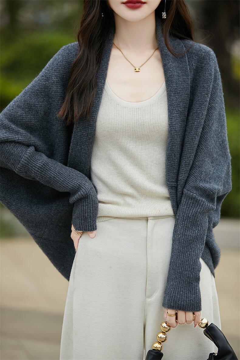 设计感100%纯羊绒披肩女元宝针宽松大码针织外套茧型时尚外搭毛衣,女装羊毛衫,越洋羊