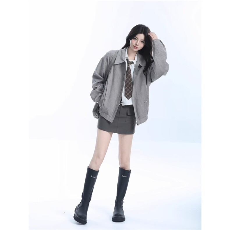 潮美式高级灰色褶皱夹克女cleanfit秋季复古设计感小众宽松外套,男装夹克,星座1210-1
