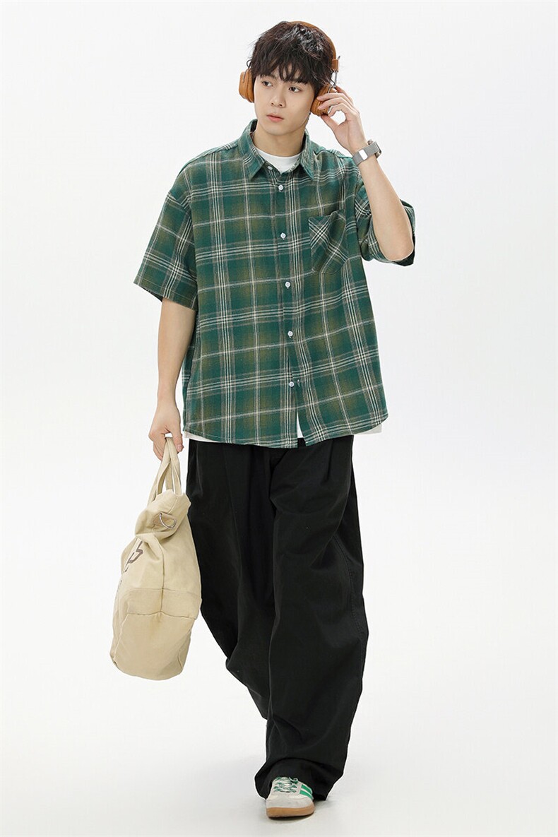 夏季韩版潮流复古格子短袖衬衫翻领帅气衬衣DSA157B-CS4231-P38,男装T恤,电商A157B