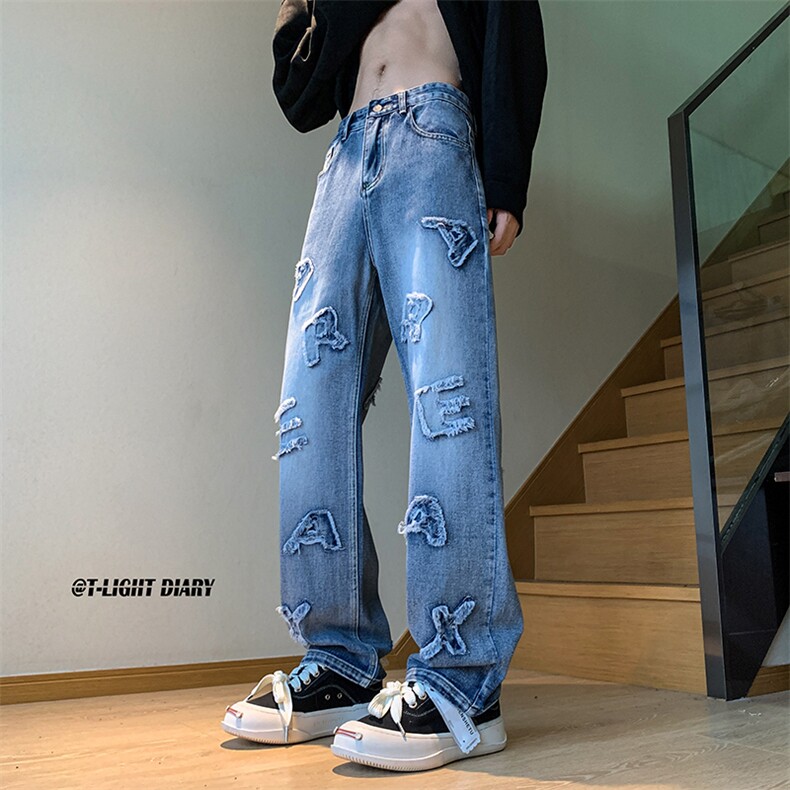 B221美式ins高街小众立体毛边字母直筒牛仔裤LK23025-P60控78,男装牛仔裤,电商B221