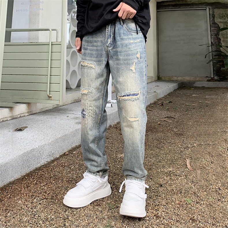 B230档2025秋冬新款潮流复古宽松直筒破洞刺绣牛仔裤9037P105，男装牛仔裤，电商B230