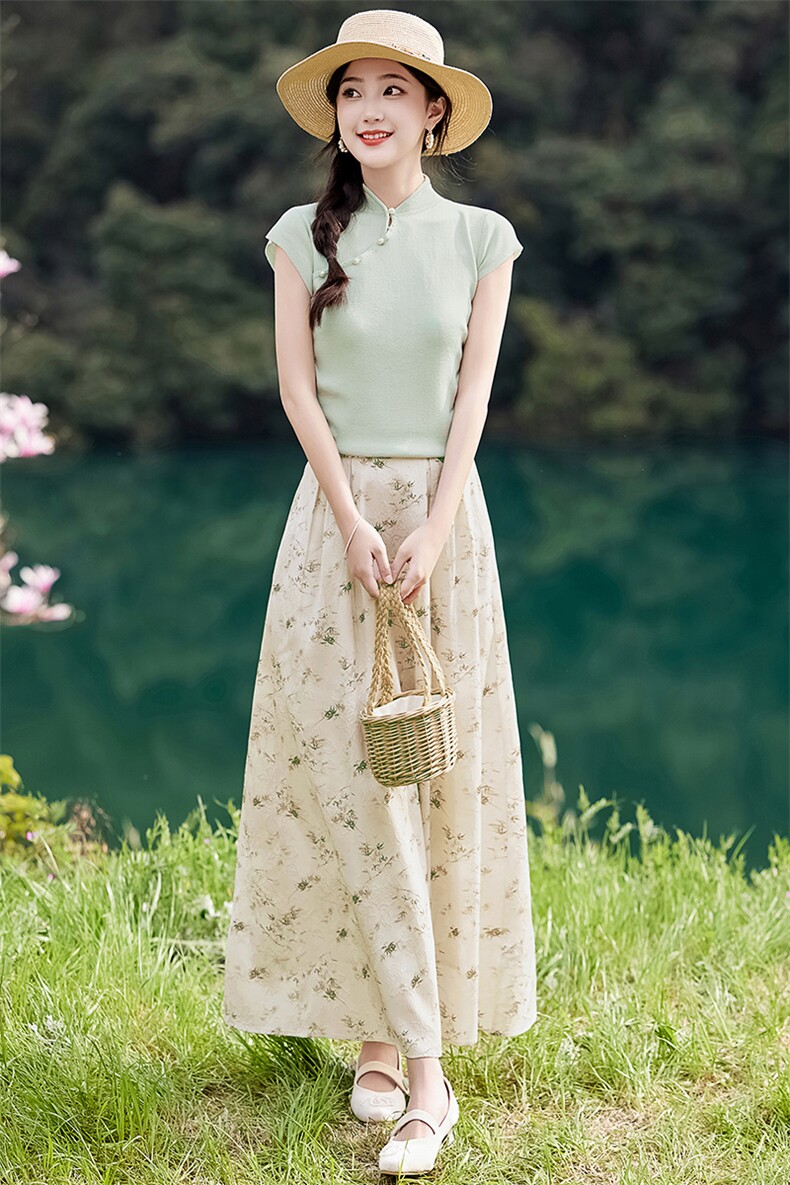 法式雪纺绿色碎花半身裙女2025夏季新款显瘦宽松高腰薄裙子,女装套装/套裙,魅丽静蓝