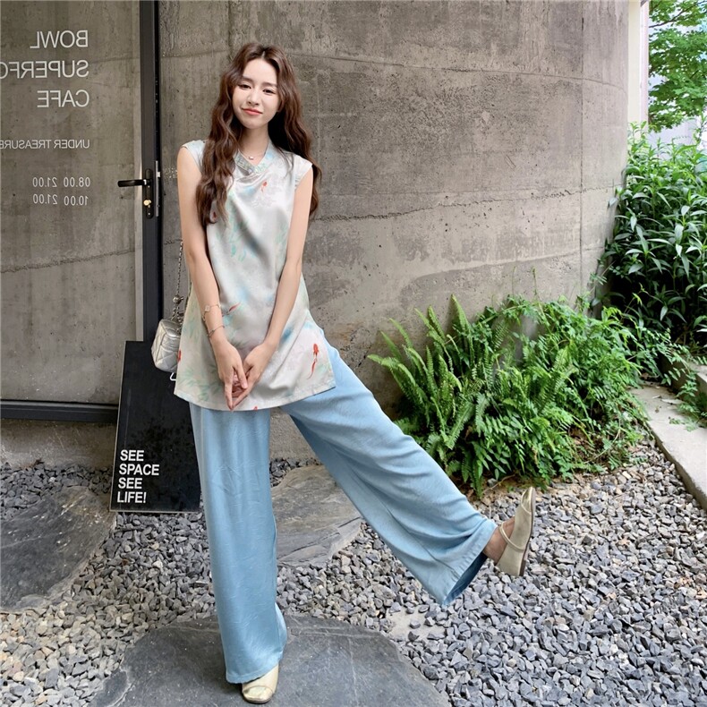 新中式国风无袖背心上衣+阔腿裤两件套女2025夏季新款时尚套装,女装套装/套裙,2C129