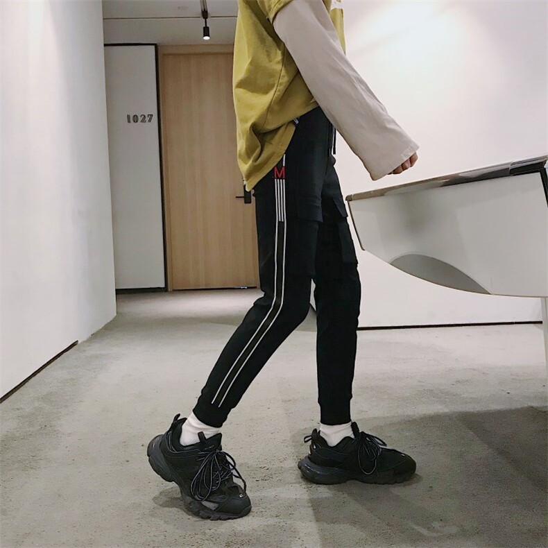 2021社会小伙弹力修身小脚裤织带黑色休闲长裤子男864/P50,男装休闲裤,星座1506-1