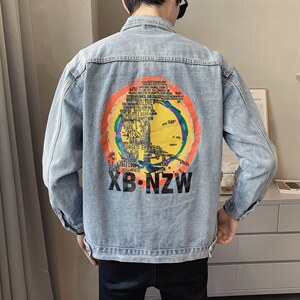 JK821-p90-限价138 现货店主风牛仔夹克肥仔量足破洞印花大码图片