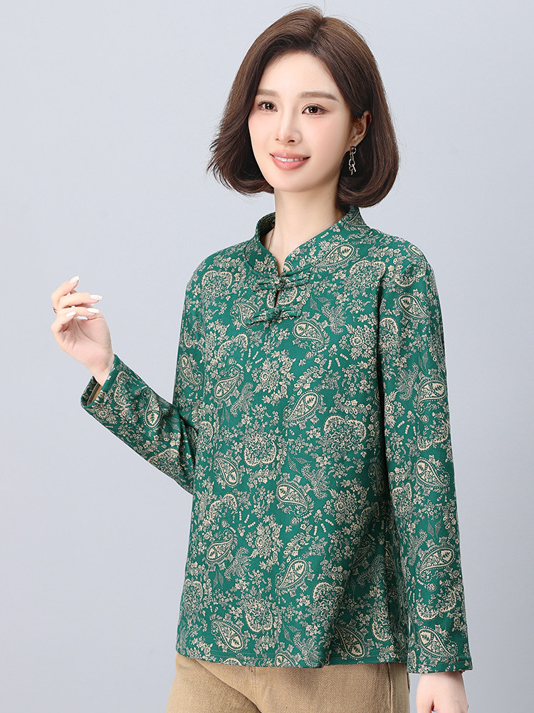大量现货打底衫女2024新款中式复古长袖加绒盘扣T恤宽松妈妈印花,女装大码女装,奕阳依阁