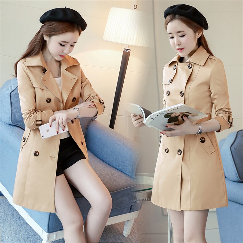 时尚百搭纯色2021年夏季风衣长袖修身甜美，女装风衣，冬木谷雨