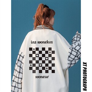 中性风  秋季宽松休闲棒球服拼色袖子情侣外套女G6705 P85控108图片