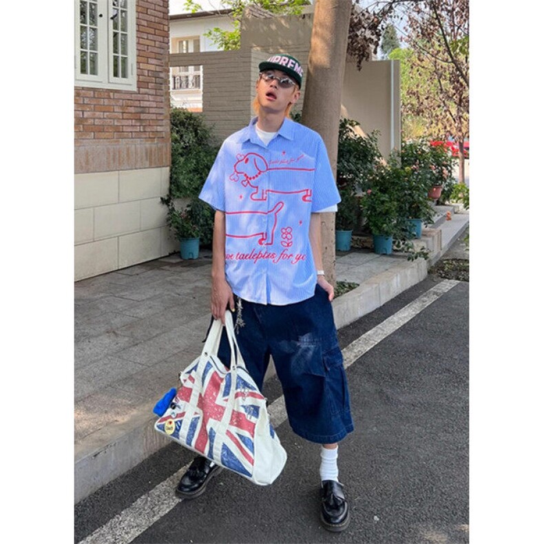 复古趣味腊肠狗印花条纹短袖衬衫宽松夏季情侣休闲衬衣CY22,男装T恤,星座1116A（原606A-3）
