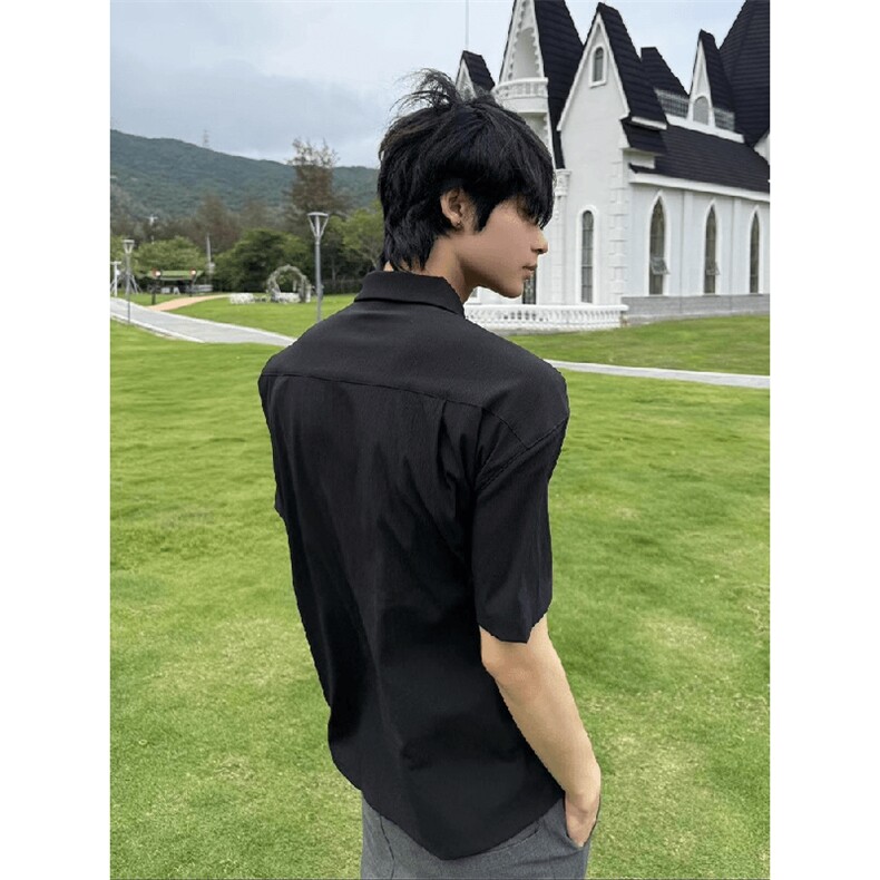 得物抖音品质二开老钱风亚麻冰丝纹短袖衬衫男女休闲美式潮牌衬衣,男装T恤,电商A486