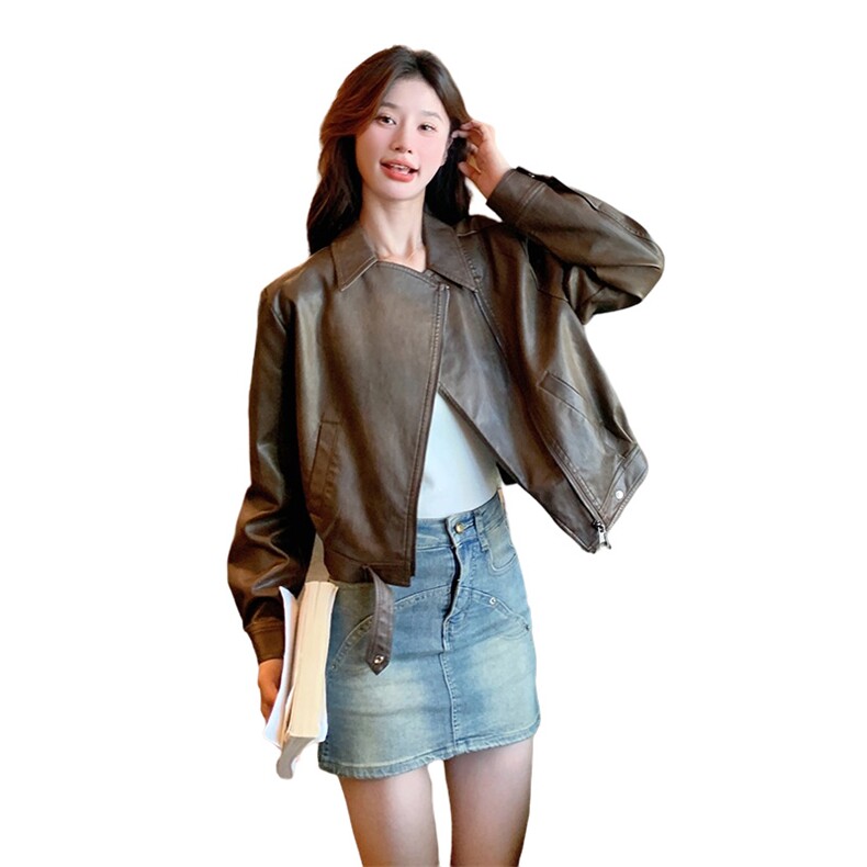 美拉德酷飒拽姐PU皮机车夹克女2025春新款港风复古小个子翻领外套,女装皮衣,慧峰