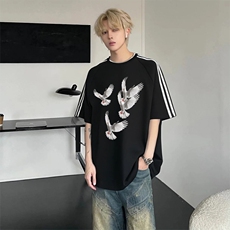 抖音得物高品质二开240克宽松纯棉美式潮牌三条杠织带短袖T恤，男装T恤，电商A486-1