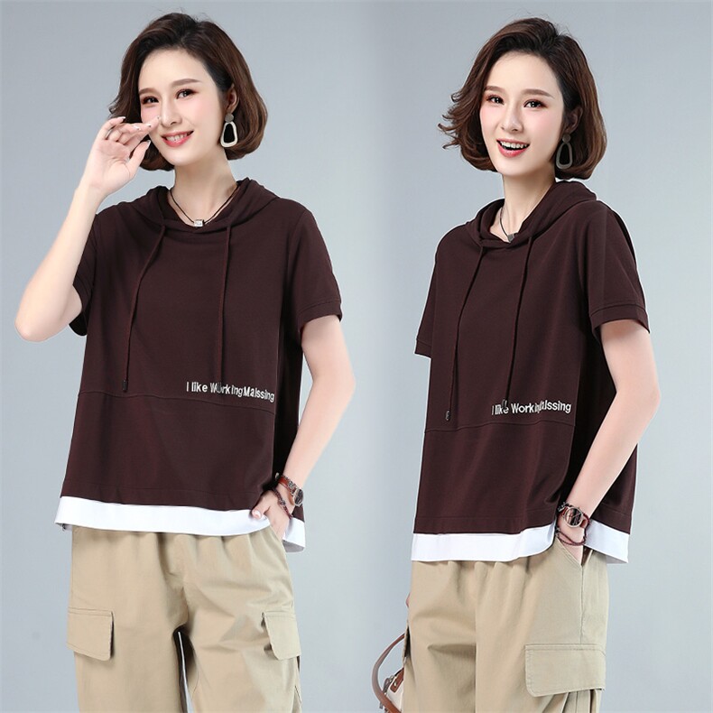 时尚拼色刺绣字母连帽T恤宽松显瘦短袖上衣855-1，女装T恤，依恋蒂丝