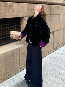 现货！（90新标带检）丝绒料新中式短款立领加厚保暖气质羽绒服女图片