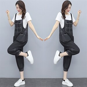 短袖牛仔背带裤套装女2023夏季新款女装韩版时尚休闲两件套套裤潮图片