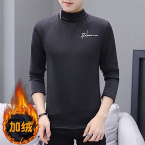 冬季半高领刺绣卫衣男t恤男休闲加绒加厚保暖打底长袖黑319P20