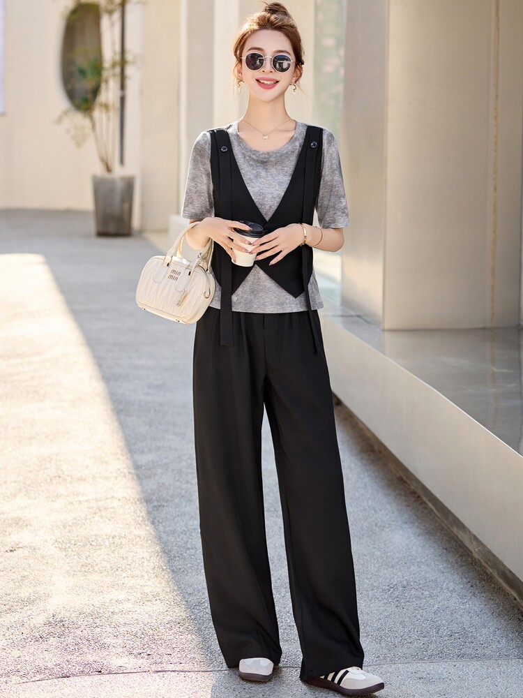 设计感假两件上衣阔腿裤套装女2025年夏季新款洋气减龄显瘦两件套,女装套装/套裙,秀美人生