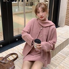 慵懒风针织套装女秋季韩版围脖毛衣外套短袖内搭上衣短裙四件套裙，女装套装/套裙，半夏