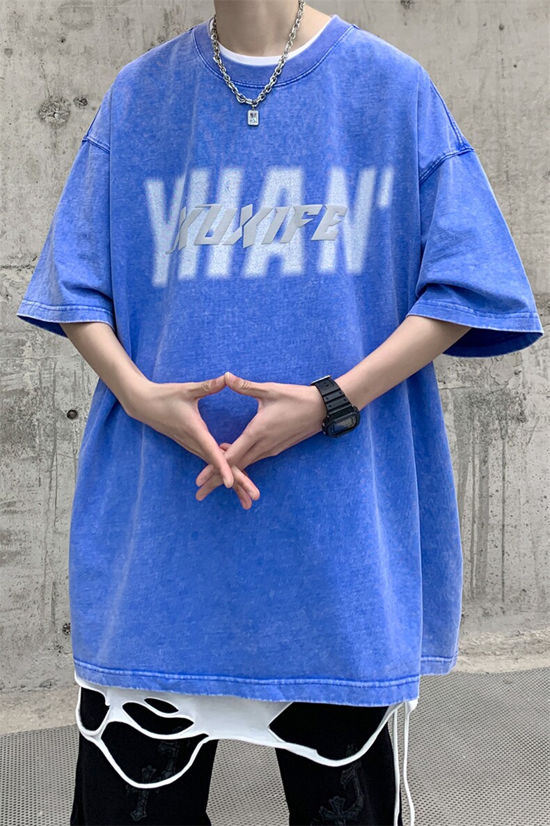 抖音供货、210克现货水洗印花宽松版短袖T恤D223A-ST2306-P35,男装T恤,电商019-1