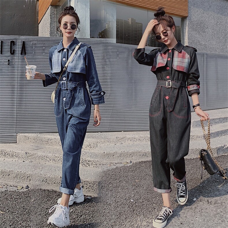 2021春秋季格纹拼接时尚连体裤高腰时尚翻领休闲舒适百搭女图片