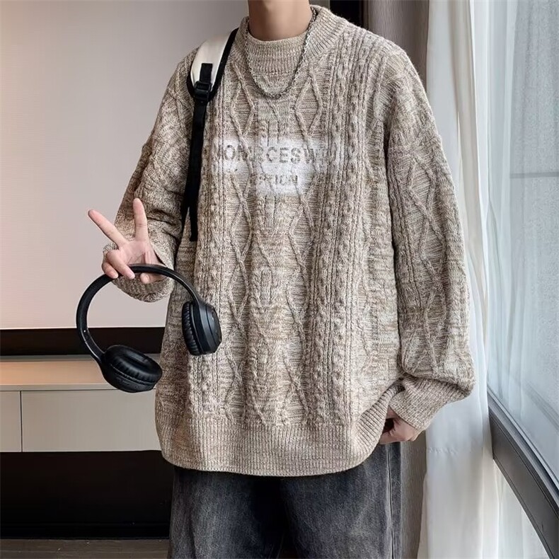 日系复古字母慵懒风毛衣男秋冬季宽松保暖套头针织上衣MZ620-P70图片