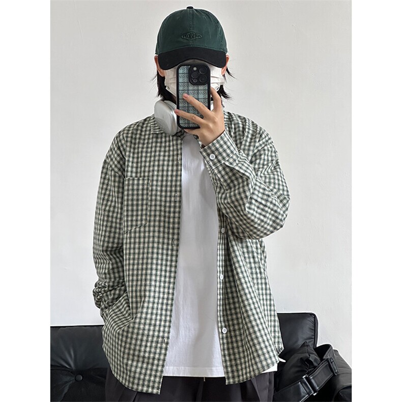 潮流格子衬衫港风情侣装穿搭宽松休闲长袖衬衣CS067-P40,男装衬衫,星座301C-5