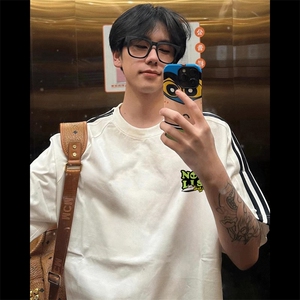 夏季美式高街重磅纯棉三条杠织带撞色男女短袖T恤STG131特P25图片