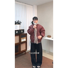 现货重磅硬挺boxy羽绒棉衣座山雕大毛毛领洗水麂皮棉服冬外套，男装棉衣，电商A443