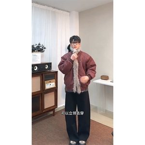 现货重磅硬挺boxy羽绒棉衣座山雕大毛毛领洗水麂皮棉服冬外套图片