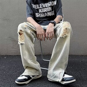 牛仔裤男秋季潮大码休闲裤高街设计感牛仔裤子N1777P45图片