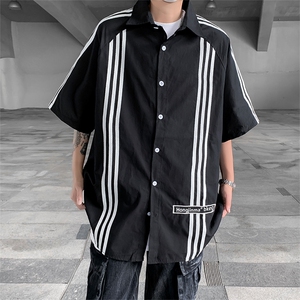 衬衫男士韩版潮流短袖拼色条纹帅气2024ins秋夏宽松外套CY909-P38图片