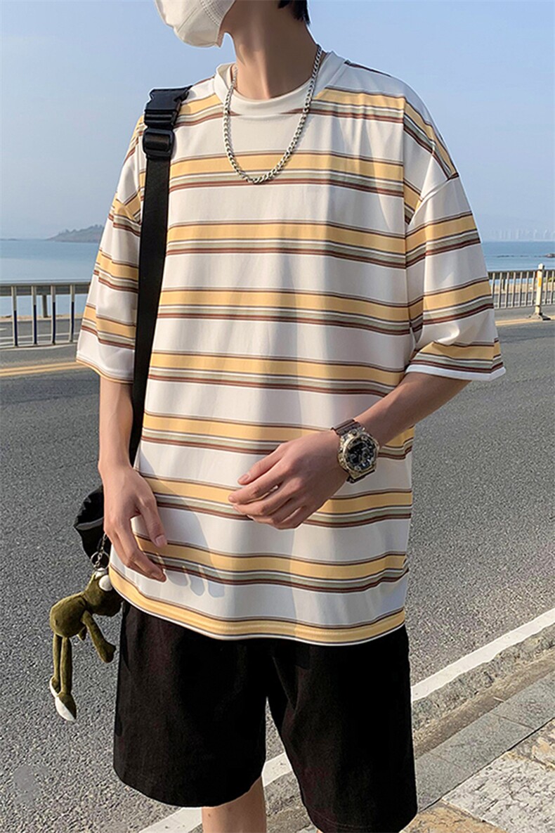 2024夏季新潮ins条纹中性风圆领男宽松透气短袖T恤,男装T恤,电商A161-2