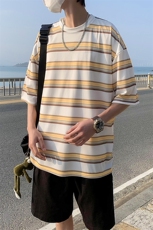 2024夏季新潮ins条纹中性风圆领男宽松透气短袖T恤，男装T恤，电商A161-2