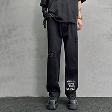 k1028-p48-控68M-5XL抽绳港风黄泥高阶黑暗破洞宽松大码牛仔裤，男装牛仔裤，星座116