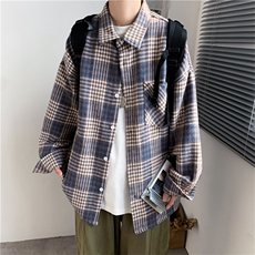 ins日系港风宽松休闲格纹长袖男装磨毛格子衬衫衬衣W554-P45，男装卫衣，星座512-2