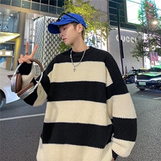 条纹毛衣日系慵懒复古男士针织衫秋冬季新款外套高级感线衣服，男装针织衫/毛衣，星座716-2