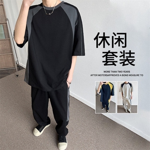 短袖t恤男士夏季ins潮牌帅气百搭运动套装休闲搭配一套上衣服图片