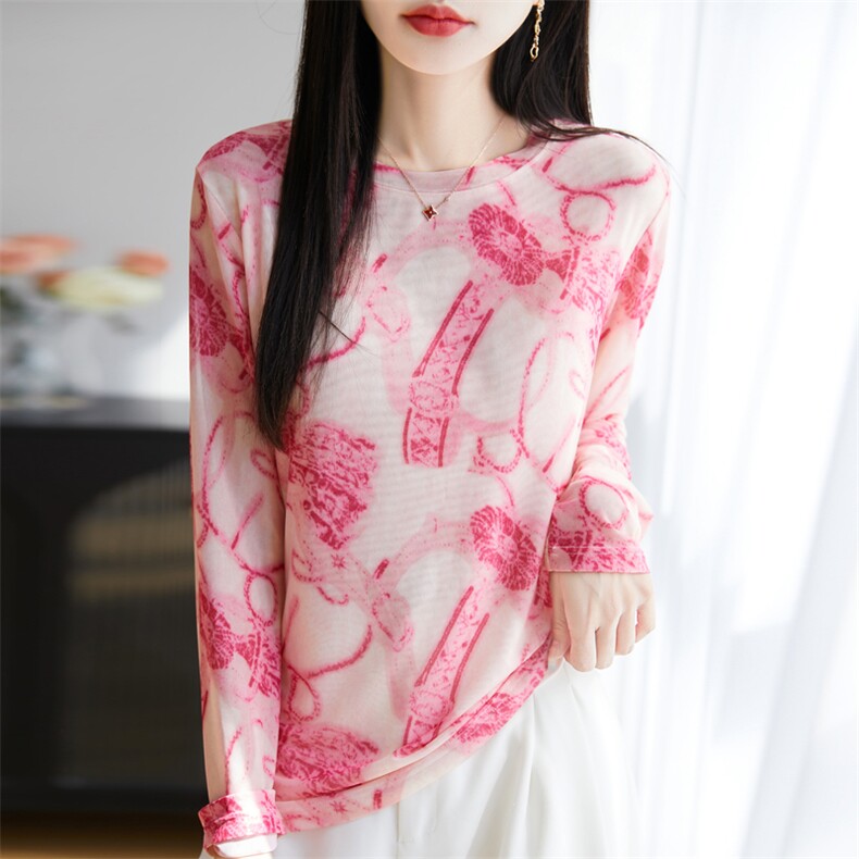 25春夏网纱拼接天丝长袖上衣女圆领印花打底衫宽松显瘦防晒衫T恤,女装T恤,大美人高端店
