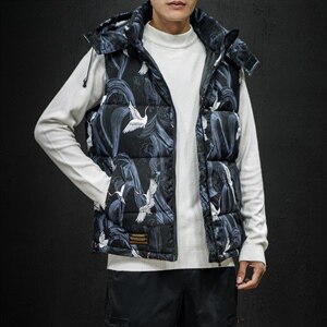 2021秋冬新黑墙日系大码小仙鹤保暖加厚棉马甲连帽外套男M723-P75图片