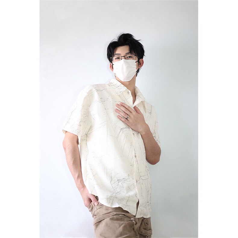 夏季新款短袖衬衫小众解构肌理感黑色裂纹韩版花衬衫打底T恤P50,男装T恤,电商B319