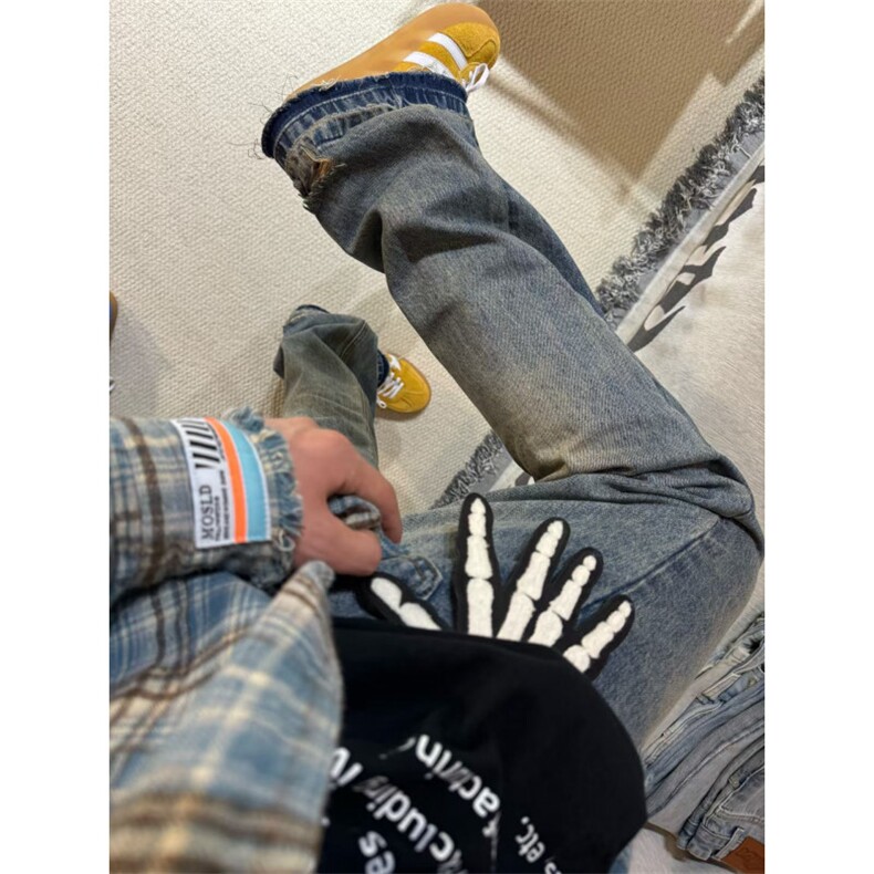 【有货】美式vibe微喇毛边牛仔裤男直筒裤脚破洞裤子D99HH-特P52图片