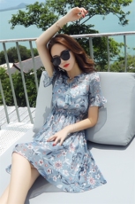 优雅简约百搭雪纺连衣裙V领松紧腰短袖2021年夏季，女装连衣裙，瑶迪依秀